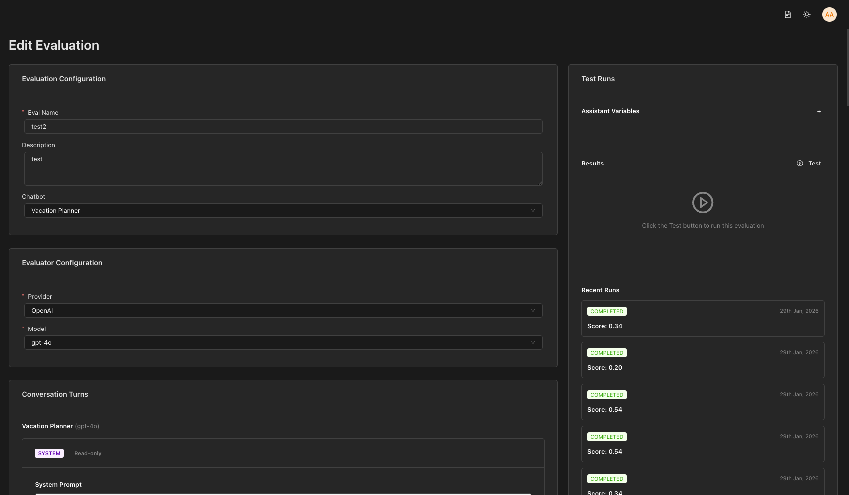 Edit Evaluation page with Test panel