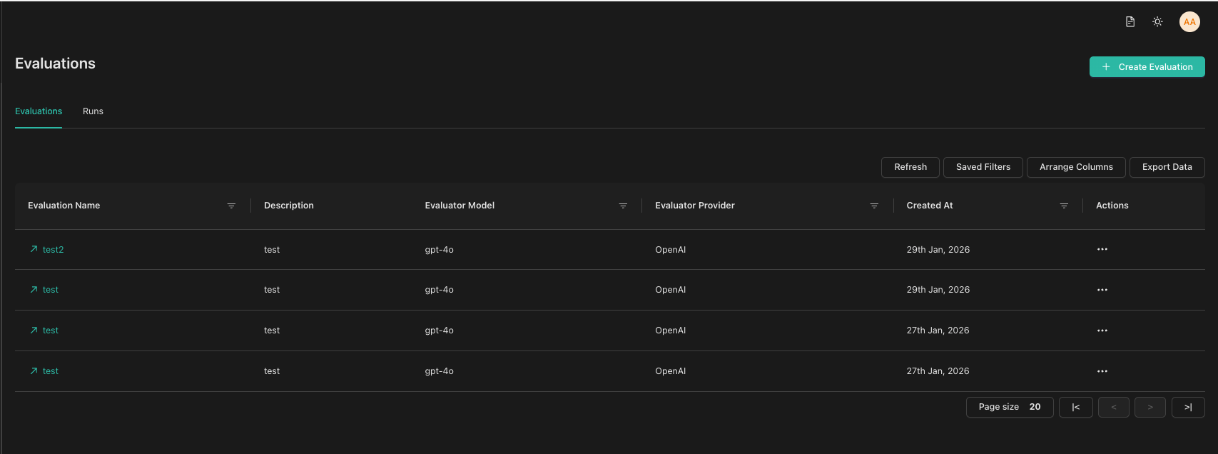 Evaluations page with Evaluations and Runs tabs
