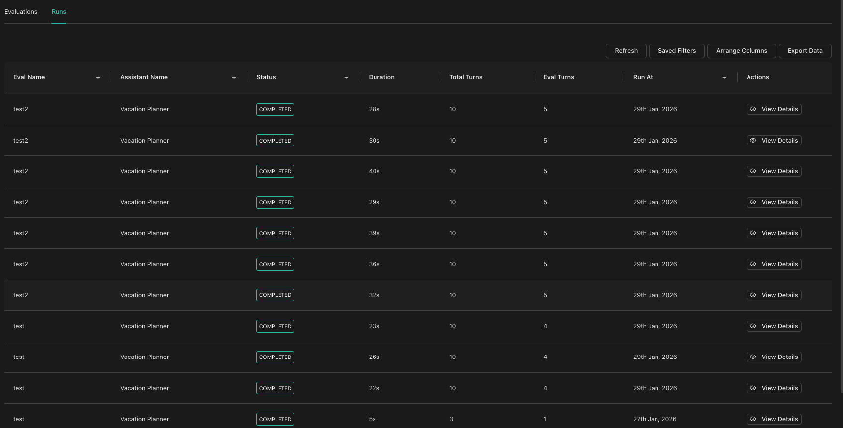 Runs tab with filter by evaluation name